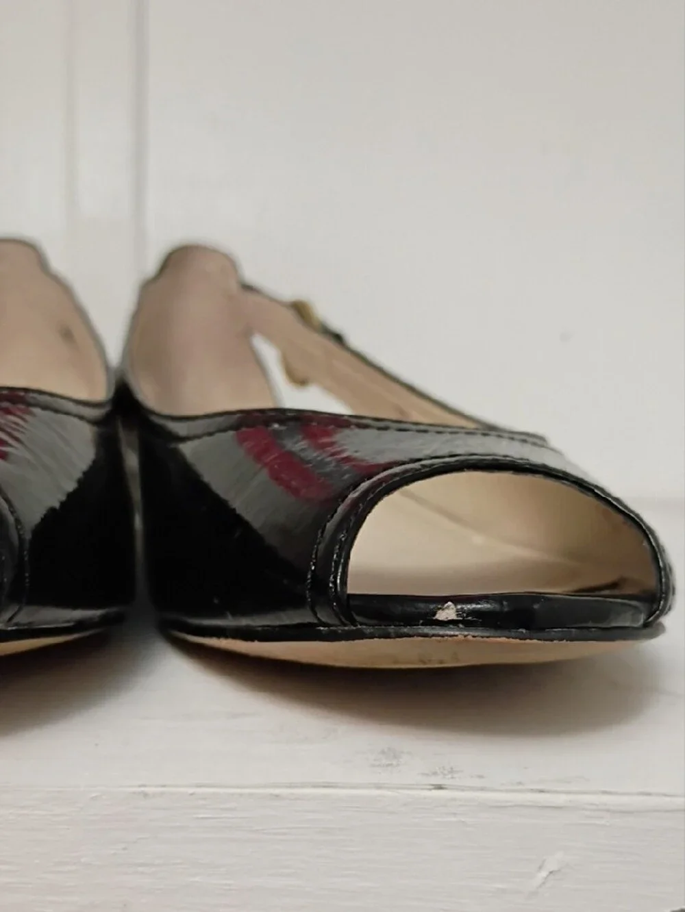 Steve Madden Black Patent Slingback Flats with Gold Buckle Accent